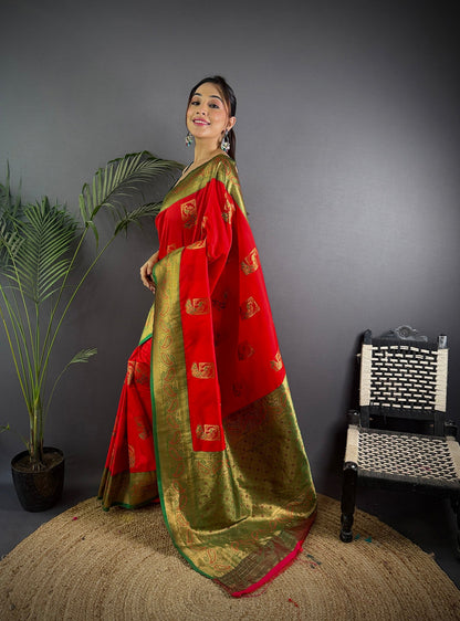 Elora Red Soft Silk Peacock Pattern Zari Weaving Contrast Border Banarasi Saree