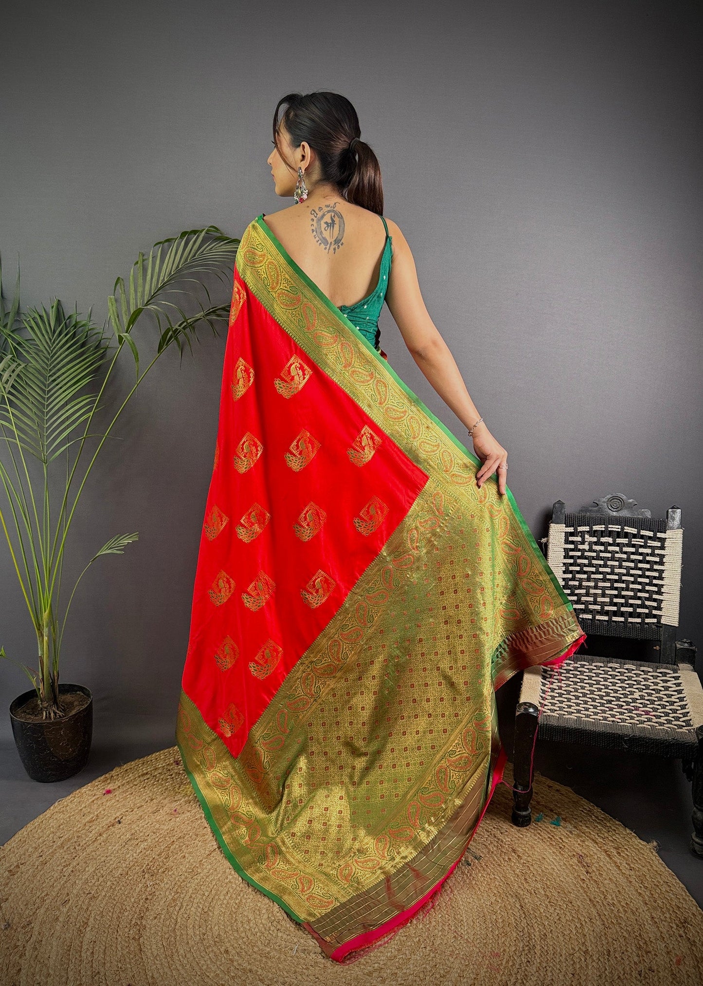Elora Red Soft Silk Peacock Pattern Zari Weaving Contrast Border Banarasi Saree