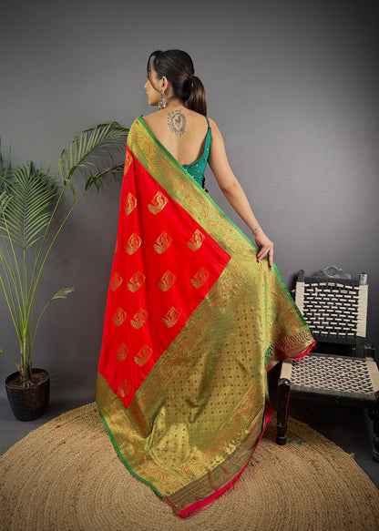 Elora Red Soft Silk Peacock Pattern Zari Weaving Contrast Border Banarasi Saree
