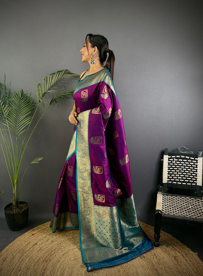 Elora Plum Soft Silk Peacock Pattern Zari Weaving Contrast Border Banarasi Saree