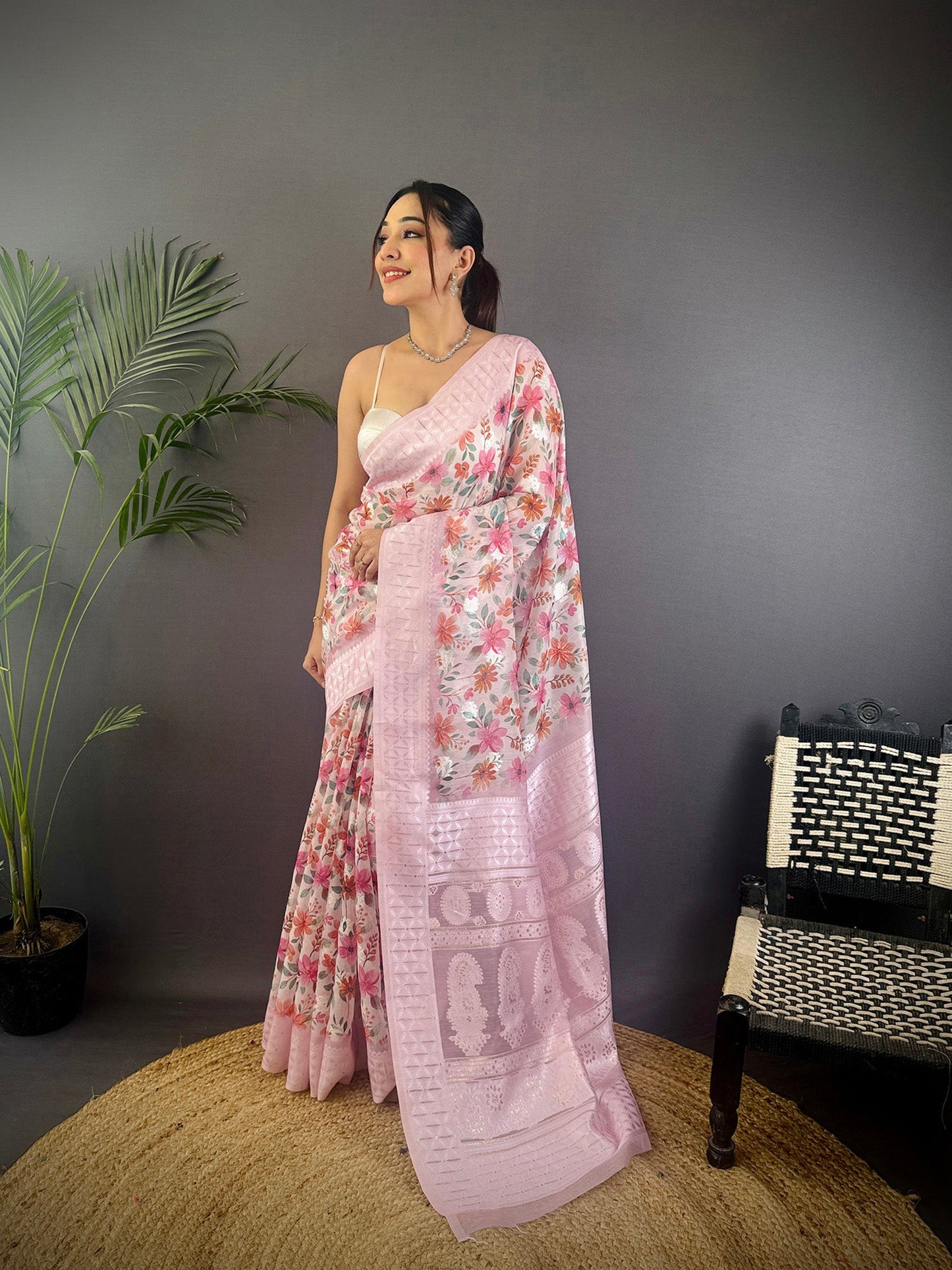 Elora Pastel Pink Silk Floral Motifs Coppery Tone Contrast Floral Border Banarasi Saree