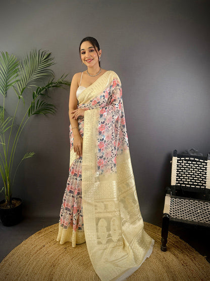 Elora Cream Silk Floral Motifs Coppery Tone Contrast Floral Border Banarasi Saree