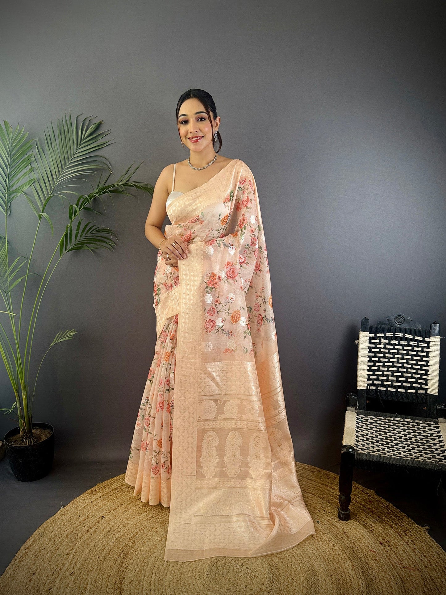 Elora Beige Silk Floral Motifs Coppery Tone Contrast Floral Border Banarasi Saree