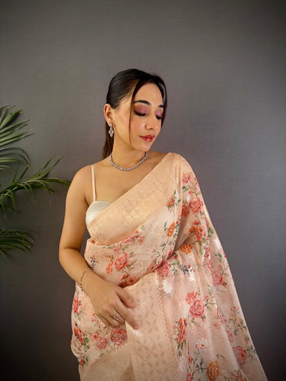 Elora Beige Silk Floral Motifs Coppery Tone Contrast Floral Border Banarasi Saree