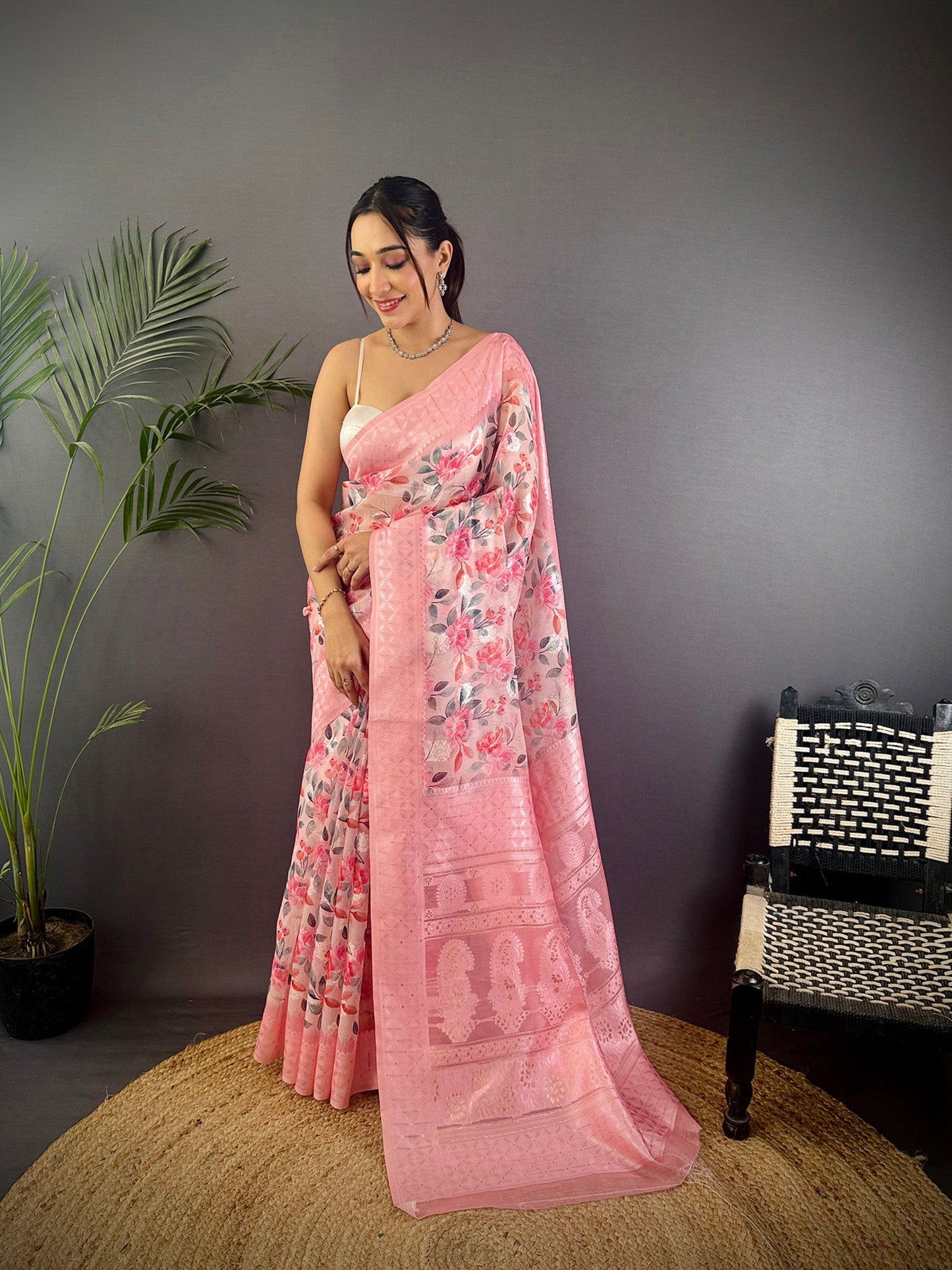 Elora Baby Pink Silk Floral Motifs Coppery Tone Contrast Floral Border Banarasi Saree
