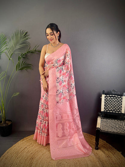 Elora Baby Pink Silk Floral Motifs Coppery Tone Contrast Floral Border Banarasi Saree