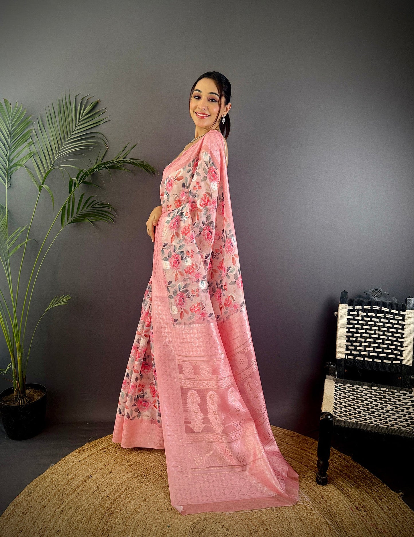 Elora Baby Pink Silk Floral Motifs Coppery Tone Contrast Floral Border Banarasi Saree