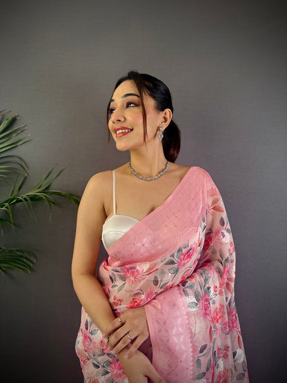 Elora Baby Pink Silk Floral Motifs Coppery Tone Contrast Floral Border Banarasi Saree