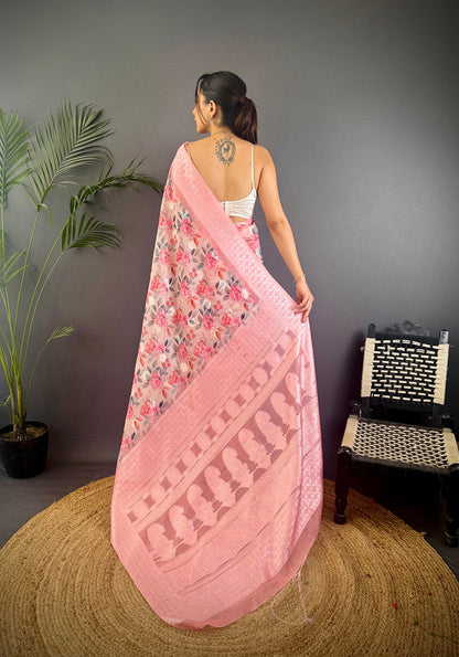 Elora Baby Pink Silk Floral Motifs Coppery Tone Contrast Floral Border Banarasi Saree