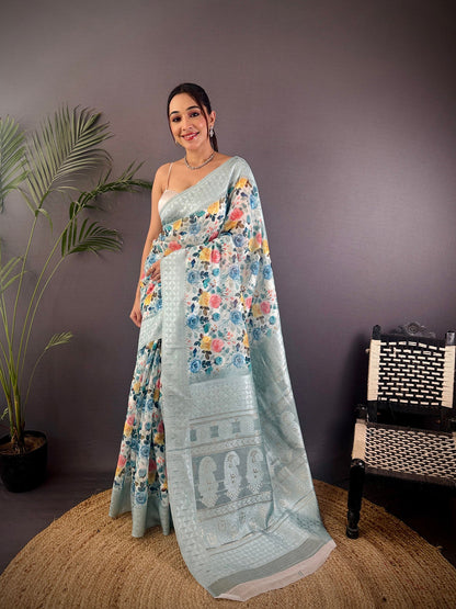 Elora Grey Silk Floral Motifs Coppery Tone Contrast Floral Border Banarasi Saree