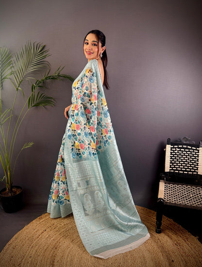Elora Grey Silk Floral Motifs Coppery Tone Contrast Floral Border Banarasi Saree