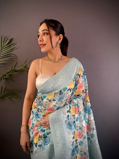 Elora Grey Silk Floral Motifs Coppery Tone Contrast Floral Border Banarasi Saree