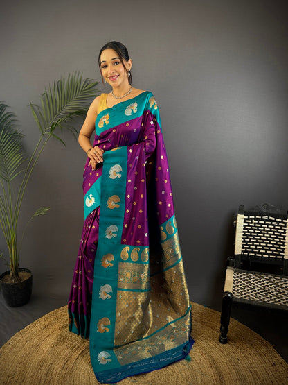 Elora Purple Soft Silk Butti Zari Weaving Contrast Weaving Border Banarasi Saree
