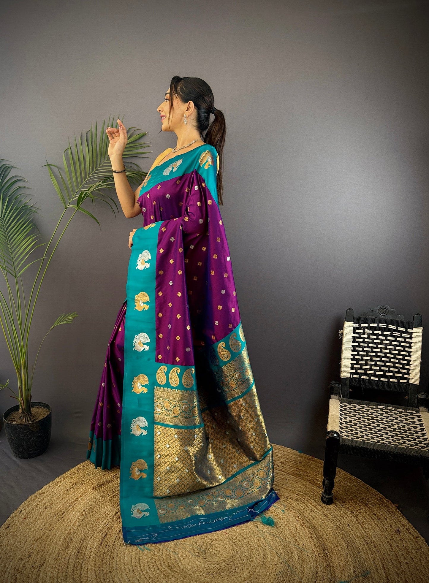 Elora Purple Soft Silk Butti Zari Weaving Contrast Weaving Border Banarasi Saree