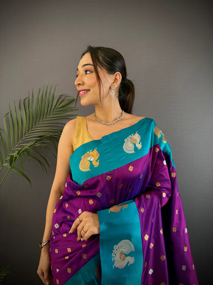 Elora Purple Soft Silk Butti Zari Weaving Contrast Weaving Border Banarasi Saree