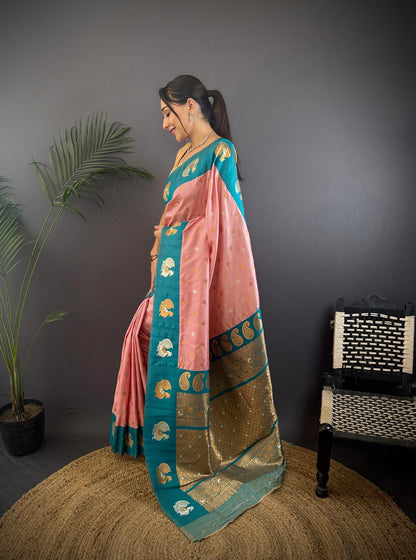 Elora Light Pink Soft Silk Butti Zari Weaving Contrast Weaving Border Banarasi Saree