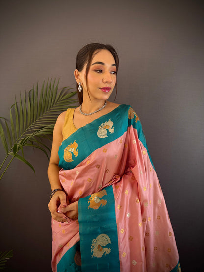 Elora Light Pink Soft Silk Butti Zari Weaving Contrast Weaving Border Banarasi Saree