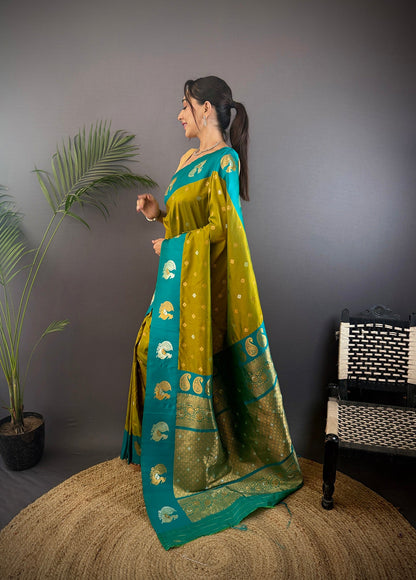 Elora Light Green Soft Silk Butti Zari Weaving Contrast Weaving Border Banarasi Saree