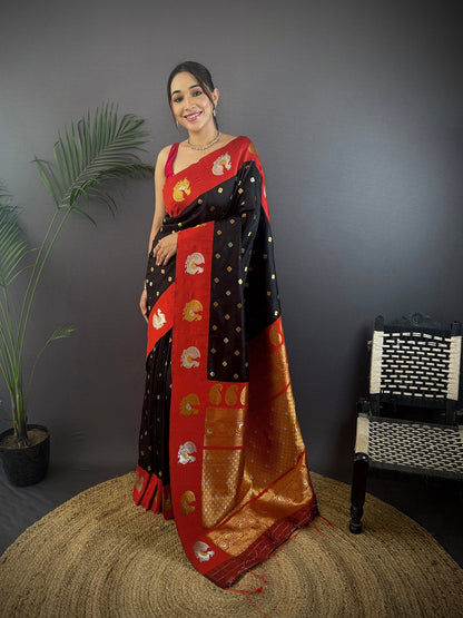 Elora Black Soft Silk Butti Zari Weaving Contrast Weaving Border Banarasi Saree