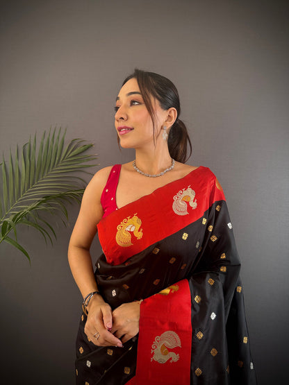 Elora Black Soft Silk Butti Zari Weaving Contrast Weaving Border Banarasi Saree