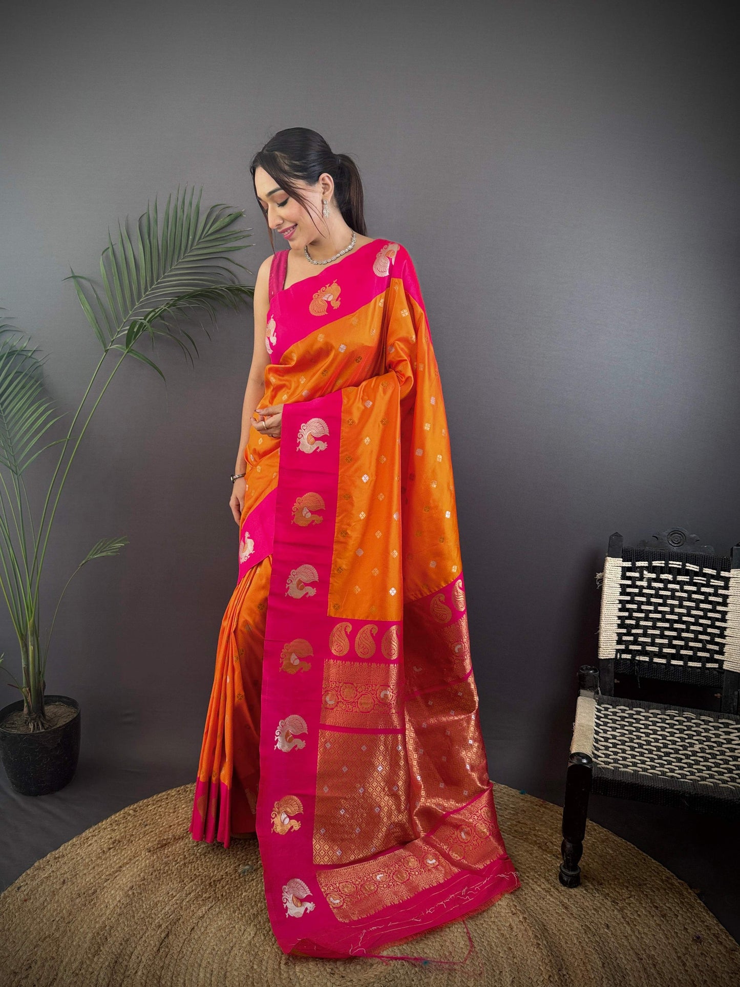 Elora Orange Soft Silk Butti Zari Weaving Contrast Weaving Border Banarasi Saree