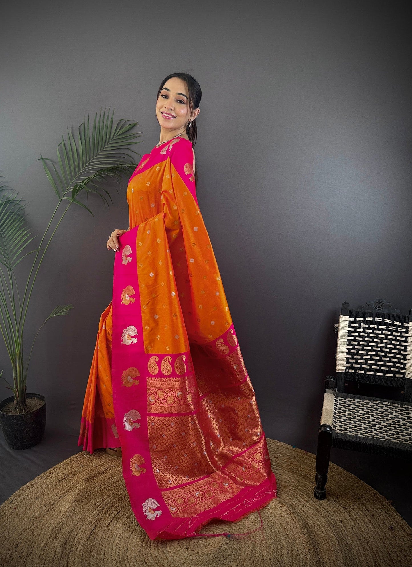 Elora Orange Soft Silk Butti Zari Weaving Contrast Weaving Border Banarasi Saree