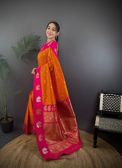Elora Orange Soft Silk Butti Zari Weaving Contrast Weaving Border Banarasi Saree