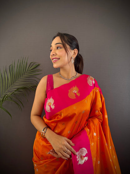 Elora Orange Soft Silk Butti Zari Weaving Contrast Weaving Border Banarasi Saree