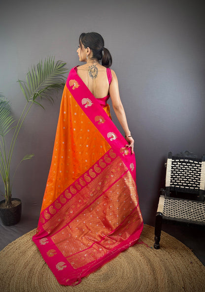 Elora Orange Soft Silk Butti Zari Weaving Contrast Weaving Border Banarasi Saree