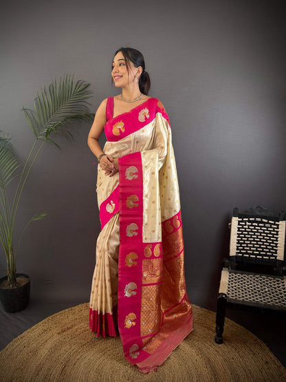 Elora Off White Soft Silk Butti Zari Weaving Contrast Weaving Border Banarasi Saree