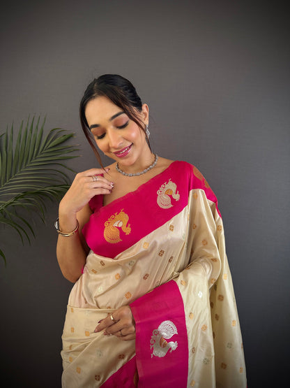 Elora Off White Soft Silk Butti Zari Weaving Contrast Weaving Border Banarasi Saree