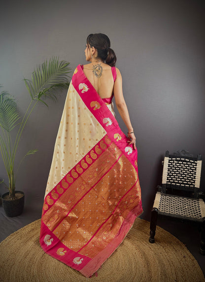 Elora Off White Soft Silk Butti Zari Weaving Contrast Weaving Border Banarasi Saree