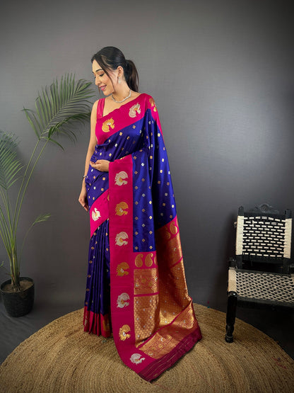 Elora Navy Blue Soft Silk Butti Zari Weaving Contrast Weaving Border Banarasi Saree