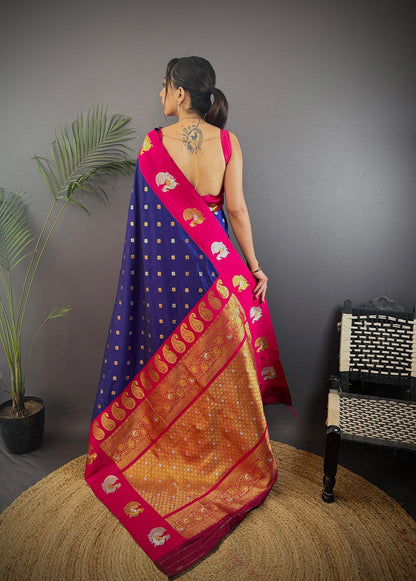 Elora Navy Blue Soft Silk Butti Zari Weaving Contrast Weaving Border Banarasi Saree