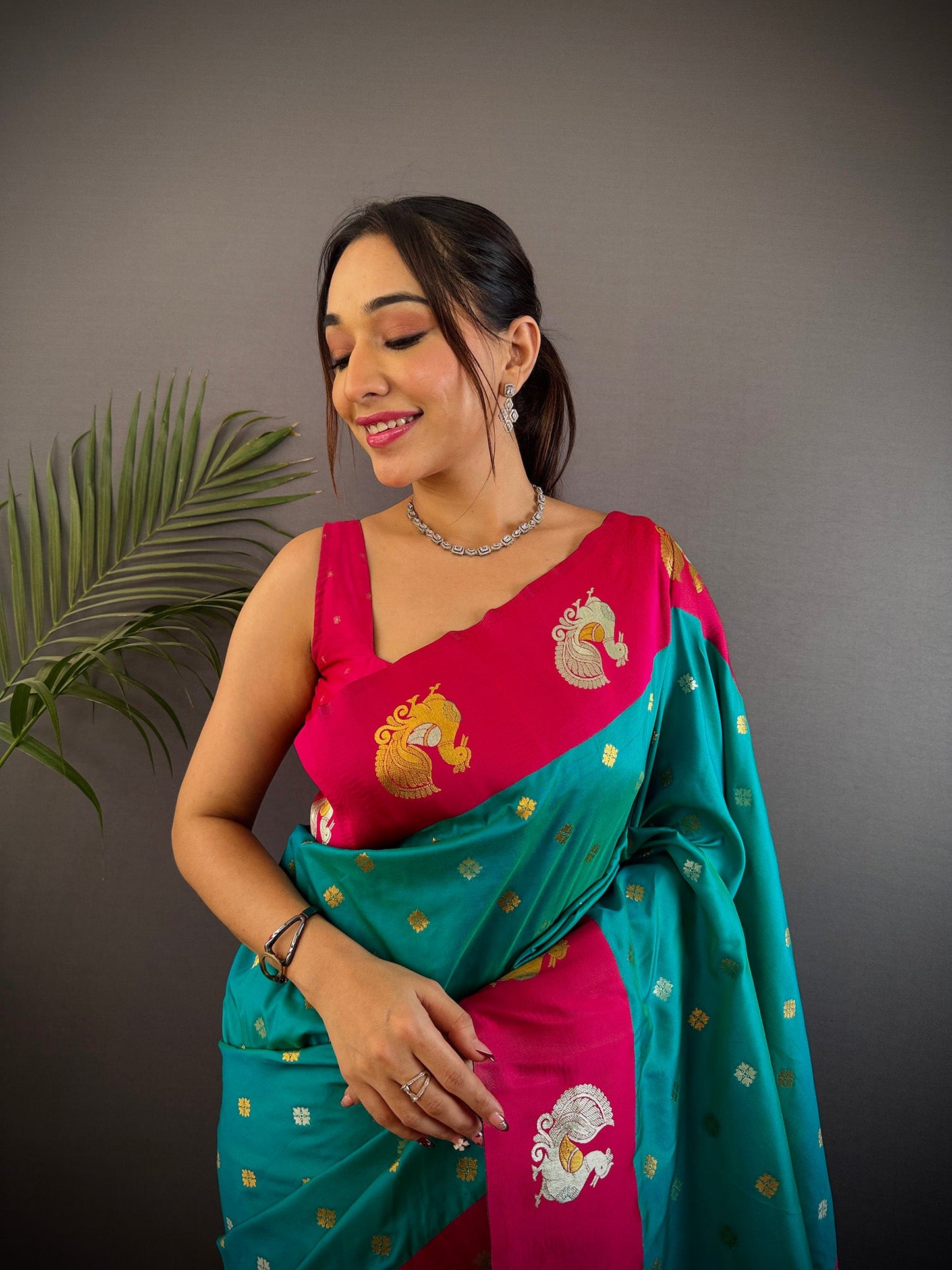 Elora Turquoise Soft Silk Butti Zari Weaving Contrast Weaving Border Banarasi Saree