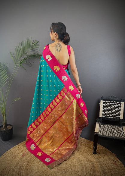 Elora Turquoise Soft Silk Butti Zari Weaving Contrast Weaving Border Banarasi Saree