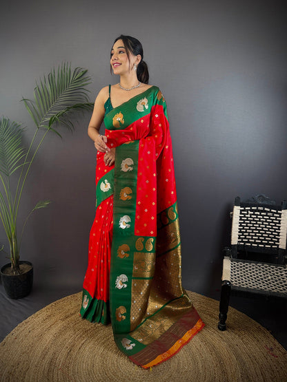 Elora Red Soft Silk Butti Zari Weaving Contrast Weaving Border Banarasi Saree