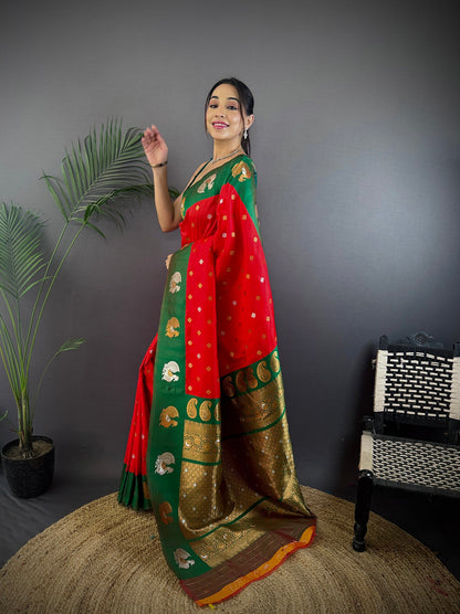 Elora Red Soft Silk Butti Zari Weaving Contrast Weaving Border Banarasi Saree