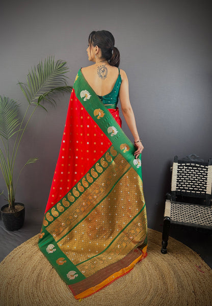 Elora Red Soft Silk Butti Zari Weaving Contrast Weaving Border Banarasi Saree