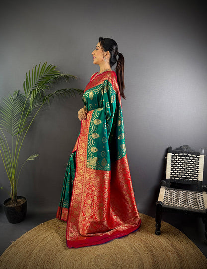 Elora Green Soft Silk Butti Zari Weaving Contrast Weaving Border Banarasi Saree