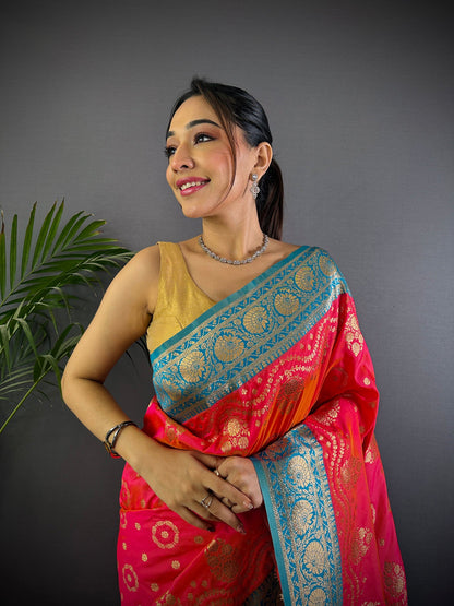 Elora Pink Soft Silk Butti Zari Weaving Contrast Weaving Border Banarasi Saree