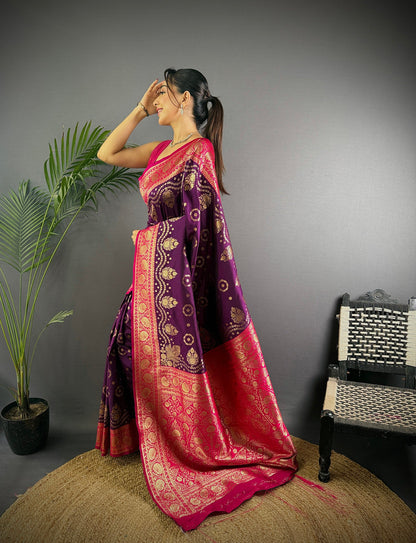 Elora Purple Soft Silk Butti Zari Weaving Contrast Weaving Border Banarasi Saree
