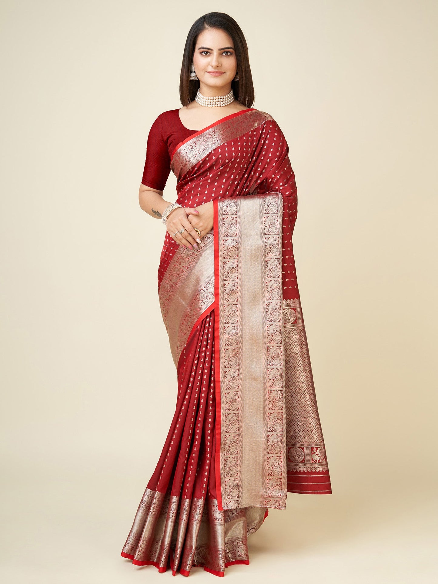 Elora Blood Red Soft Silk Small Butti Zari Weaving Border Banarasi Saree
