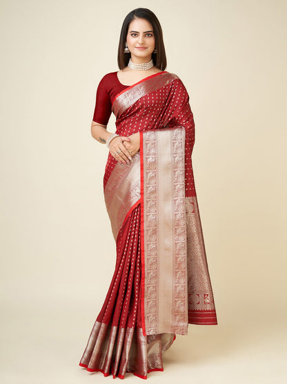 Elora Blood Red Soft Silk Small Butti Zari Weaving Border Banarasi Saree