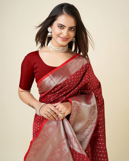 Elora Blood Red Soft Silk Small Butti Zari Weaving Border Banarasi Saree