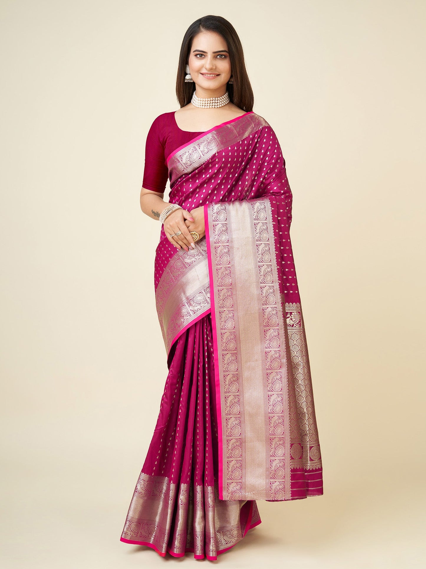 Elora Rani Pink Soft Silk Small Butti Zari Weaving Border Banarasi Saree
