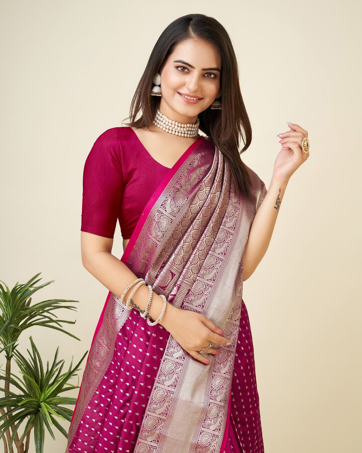 Elora Rani Pink Soft Silk Small Butti Zari Weaving Border Banarasi Saree