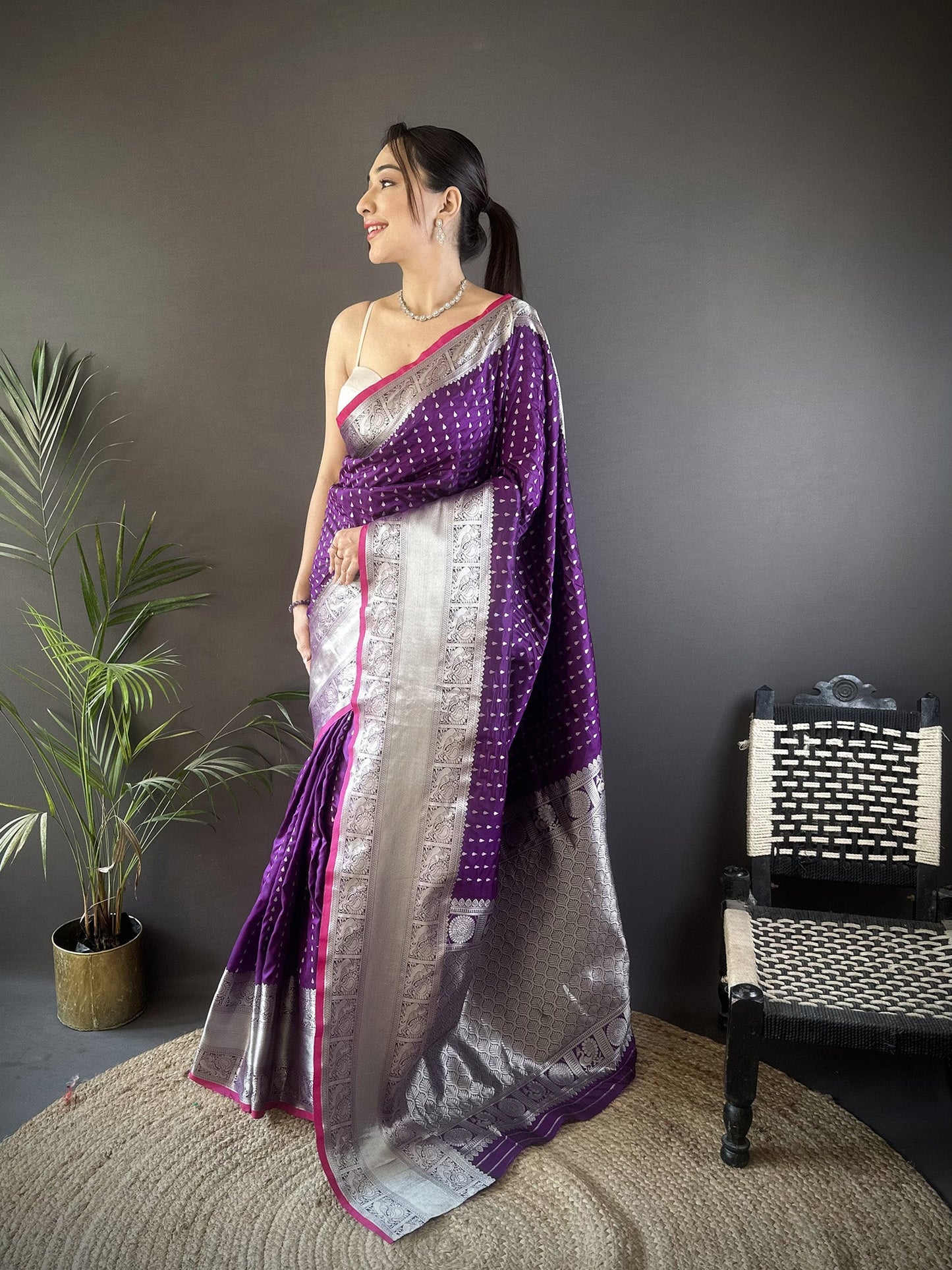 Elora Purple Soft Silk Small Butti Zari Weaving Border Banarasi Saree