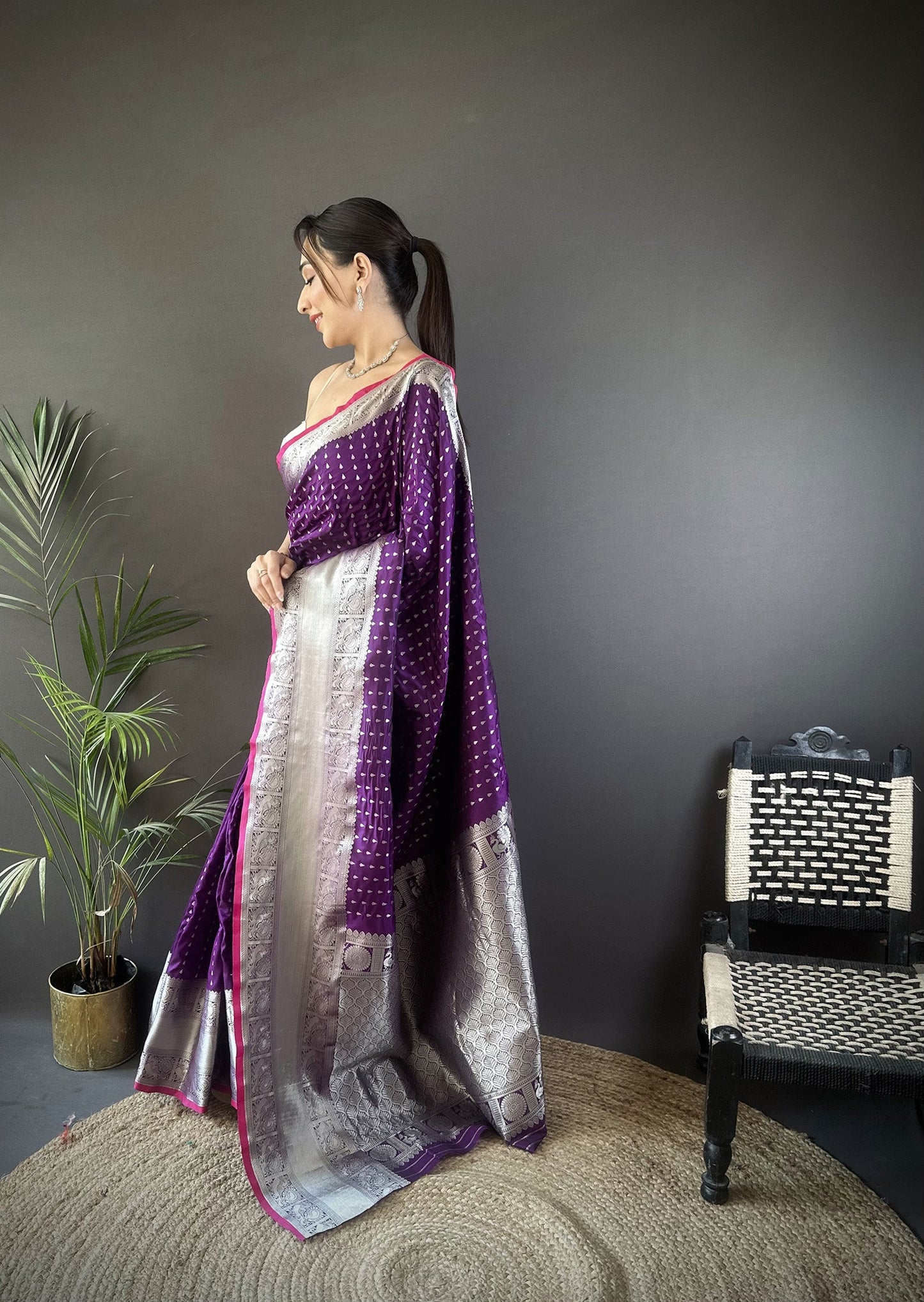 Elora Purple Soft Silk Small Butti Zari Weaving Border Banarasi Saree
