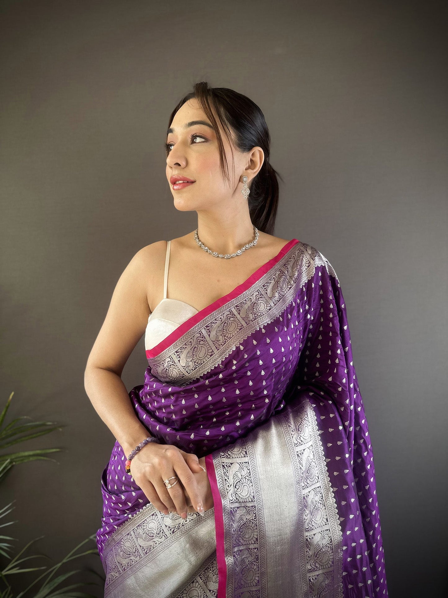 Elora Purple Soft Silk Small Butti Zari Weaving Border Banarasi Saree